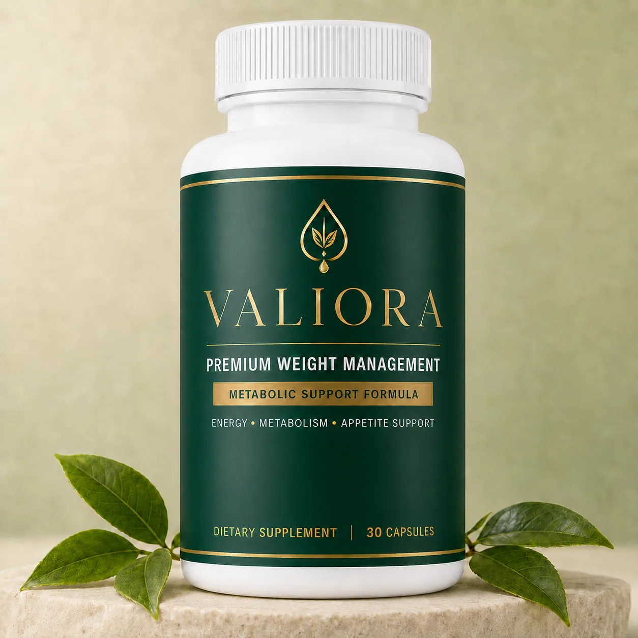 Valiora premium weight management supplement bottle with green tea leaves